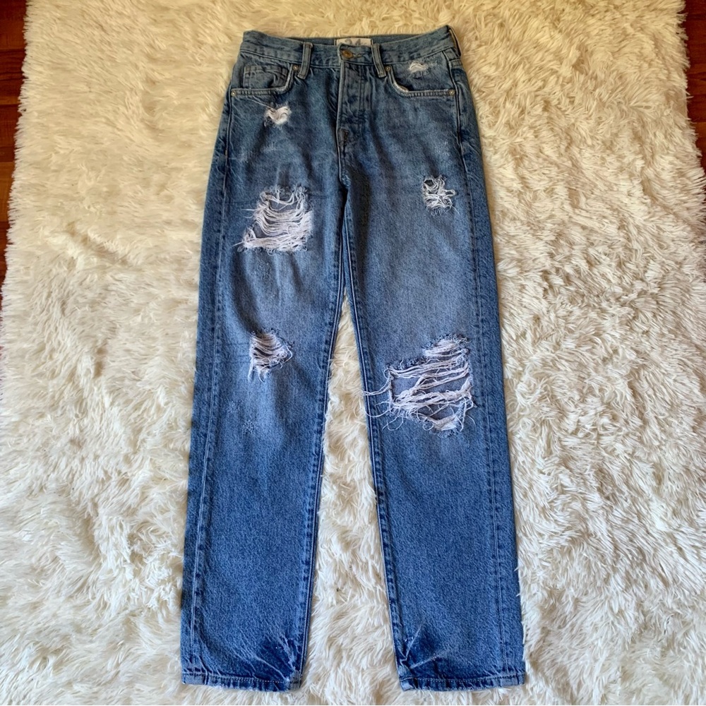 Free People We The Free Distressed Button Fly High Waisted Jeans